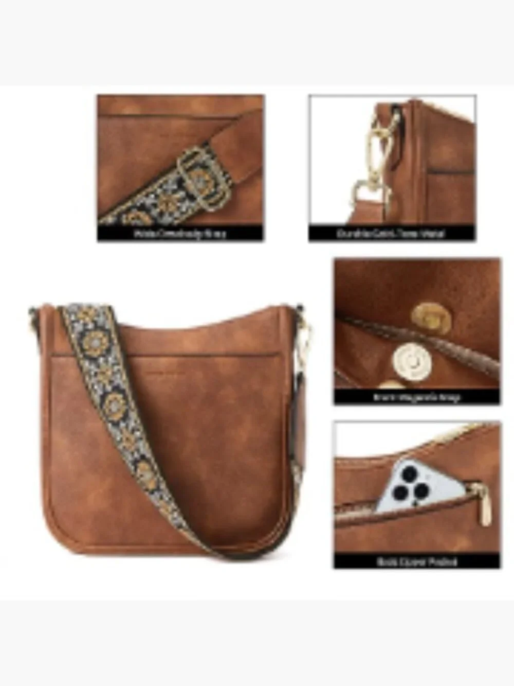 Vegan Leather Hobo Crossbody Bag with Wide Adjustable Guitar Strap, Multi